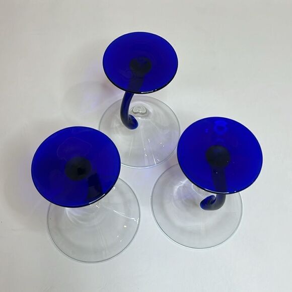 Libby Martini Glasses Cobalt Blue Curved Stem Art Glass Swerve Bravura Set 3 - Picture 5 of 8